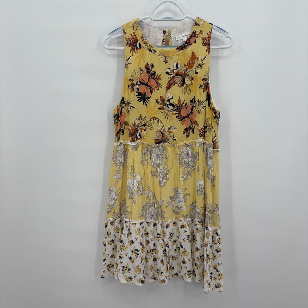 Coco + Jaimeson Yellow Floral Tiered Mini‎ Dress Sleeveless CD2609-562A Large